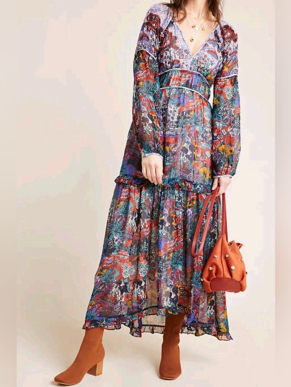 Maeve Anthropologie Annabella Maxi Dress Floral Peasant Print, Size 0 Fall NWOT